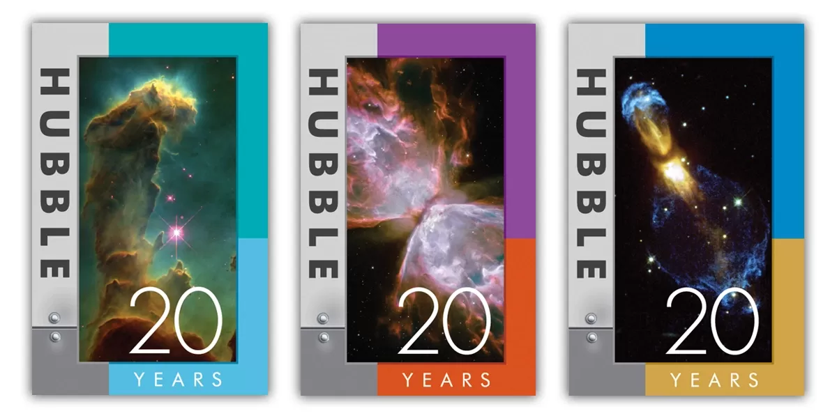 Multiple stamp-like logos hail the 20th Anniversary of the Hubble Space Telescope